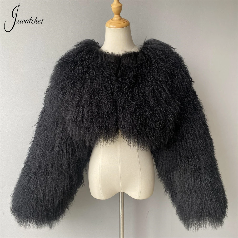 Jxwatcher Real Mongolian Sheep Fur Coat Women Fashion Short Cropped Natural Fur Jacket Ladies Fluffy Fur Coats Winter Plus Size