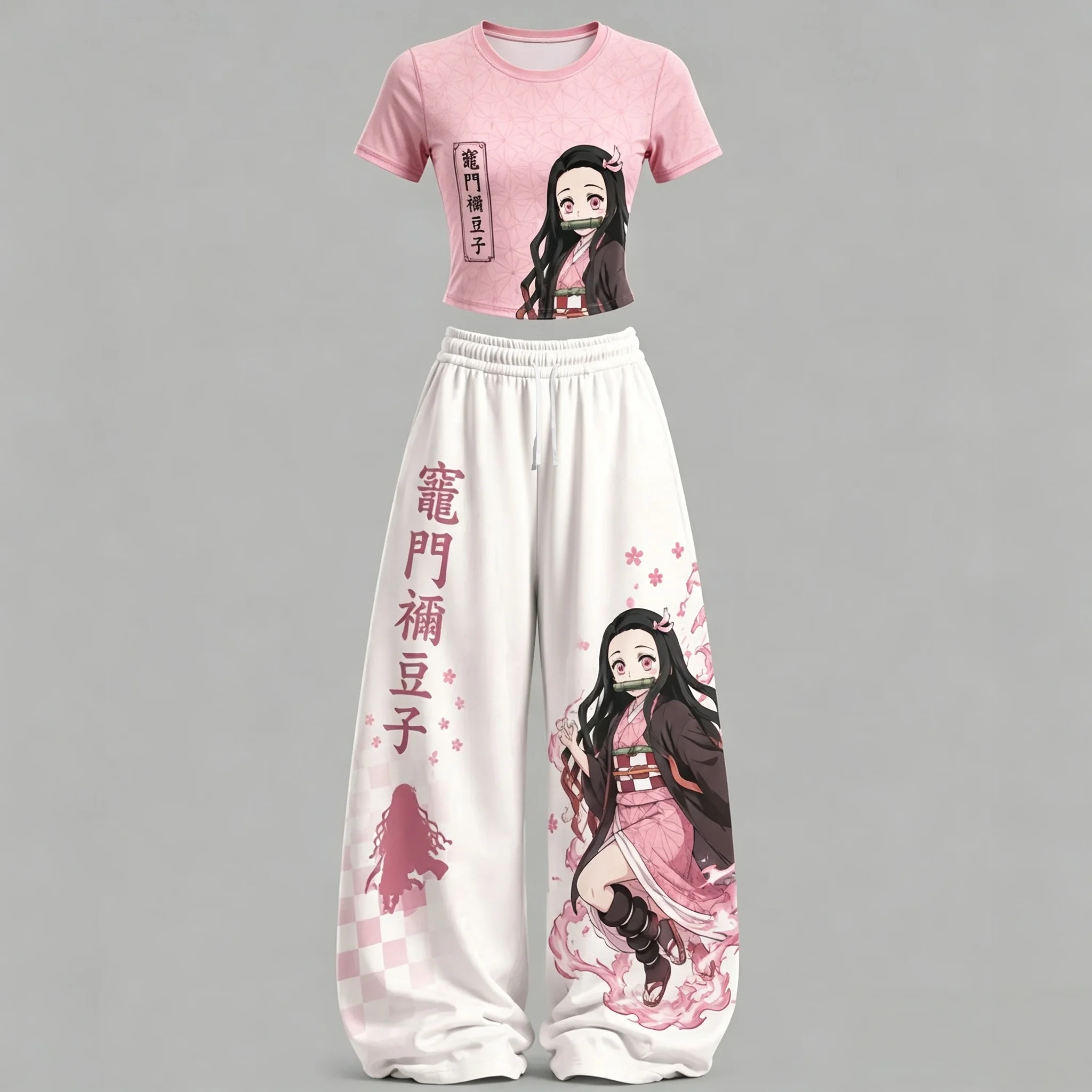 2026 Summer Kamado Nezuko Print 2 Piece Outfit Y2K Streetwear T Shirt+Wide Leg Pants Set Casual Sportswear Tracksuit Adult Kids