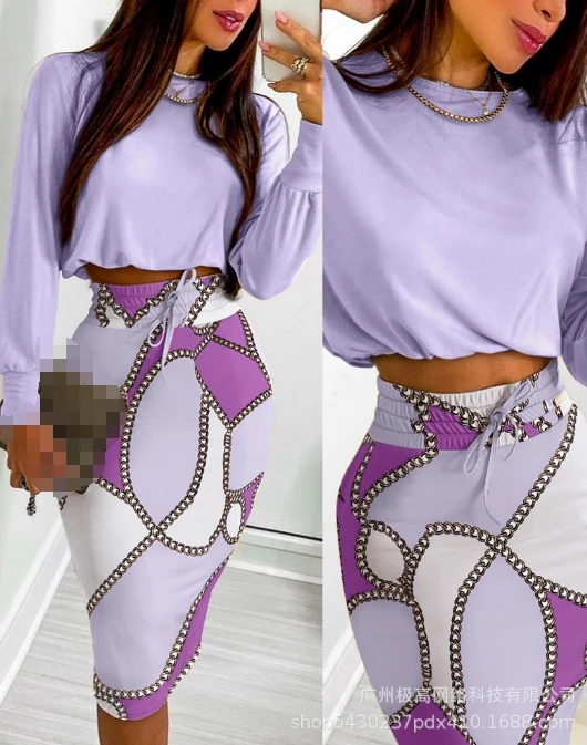 Damesmode Pakken 2024 Lente Zomer Nieuwste Woon-Werkverkeer Elegantie Urban Stijl Print Contrast Lange Mouwen Casual Rok Set