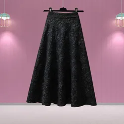 A-line Elastic High Waist Pleated Midi Skirt For Women Vintage Solid Color Lace Plus Size 4xl Long Skirt Elegant All-match Skirt