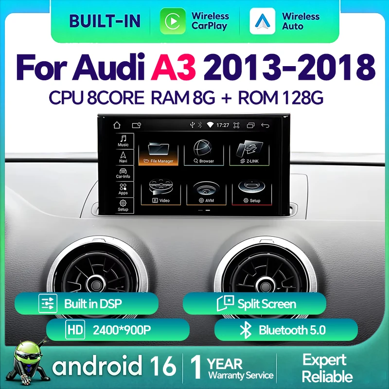 Wireless Carplay Android Auto Screen for Audi A3 2013 - 2020 Multimedia Player Radio GPS Navi Android 16 DSP Stereo 4G WIFI QLED