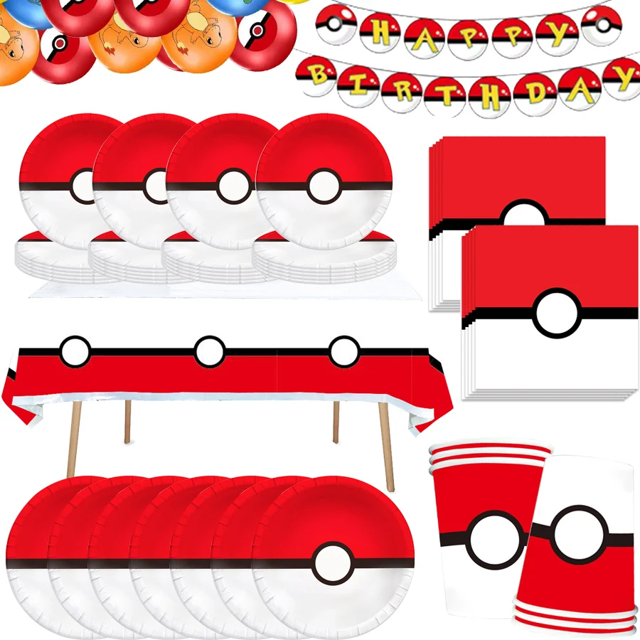 Pokemon PokeBall Party Supplies Birthday Party Disposable Tableware Set Paper Plate Balloon Kids Favors Gifts Kids Pikachu Toys