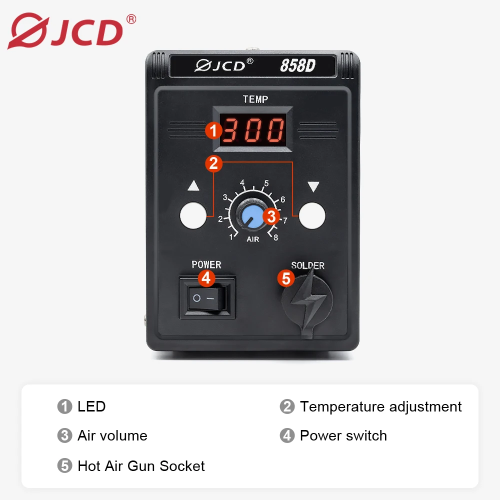 JCD 858D Hot Air Rework Station 700W Digital LED Display Hot Air Gun Soldering Station 100-500℃ Adjustable Air Volume BGA SMD Chip Desoldering Tool For Phone Motherboard PCB Repair
