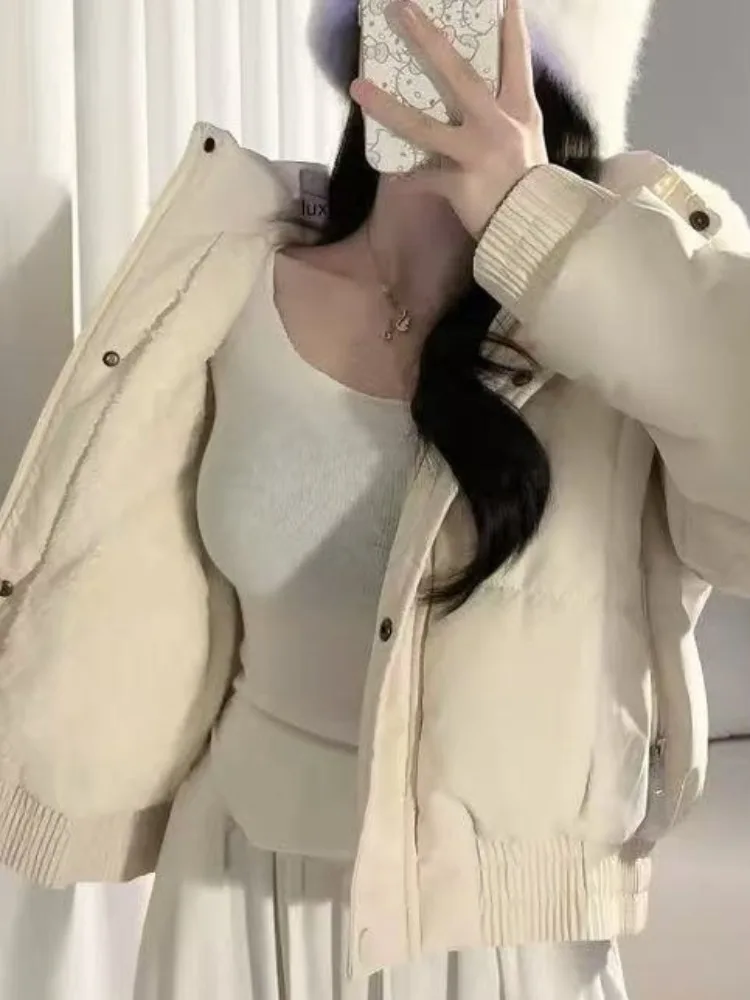 

Chic Winter Thiened Faux Fur Collar Hooded Bread Coat Zipper Stand Collar Faionable Warm Fce ort Cotton Jaet Women