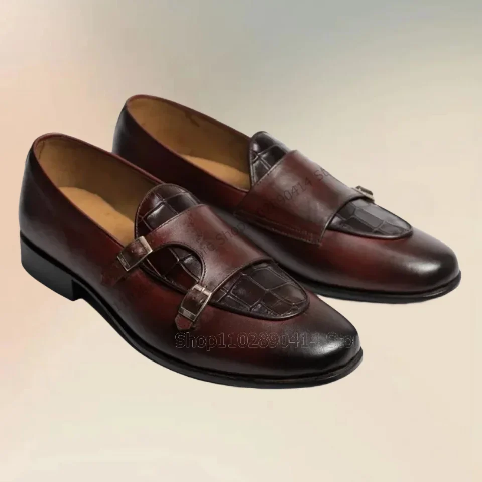 

Brown Alligator Print Buckle Decor Double Monk Loafers Fashion Slip On Men Shoes Luxurious Handmade Party Office Men Dress Shoes
