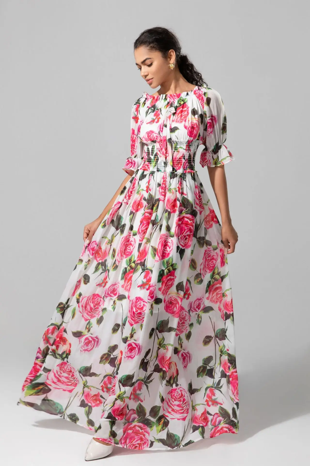 Sukienki damskie Dekolt typu slash Krótkie rękawy Elastyczna talia Kwiatowy nadruk Eleganckie designerskie sukienki maxi Vestidos