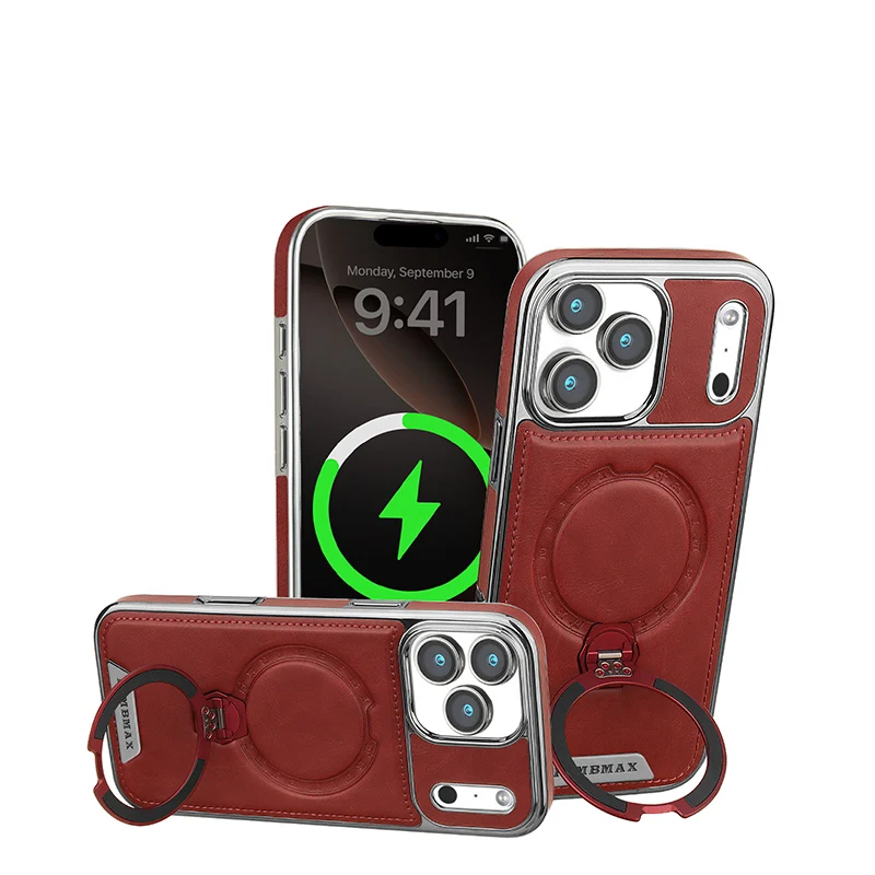 Magnetyczny obrotowy uchwyt, luksusowe skórzane etui na telefon iPhone 12 13 14 15 16 17 18 Pro Max Plus, bezprzewodowe ładowanie, odporne na wstrząsy. — zdjęcie produktu 7