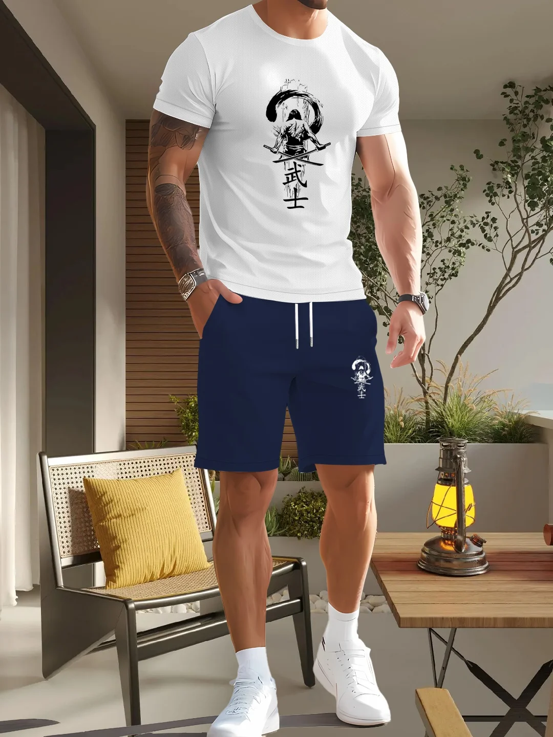 

2-piece men's casual high-definition patterned printed set - comfortable polyester round-neck T-shirt and shorts with drawstring