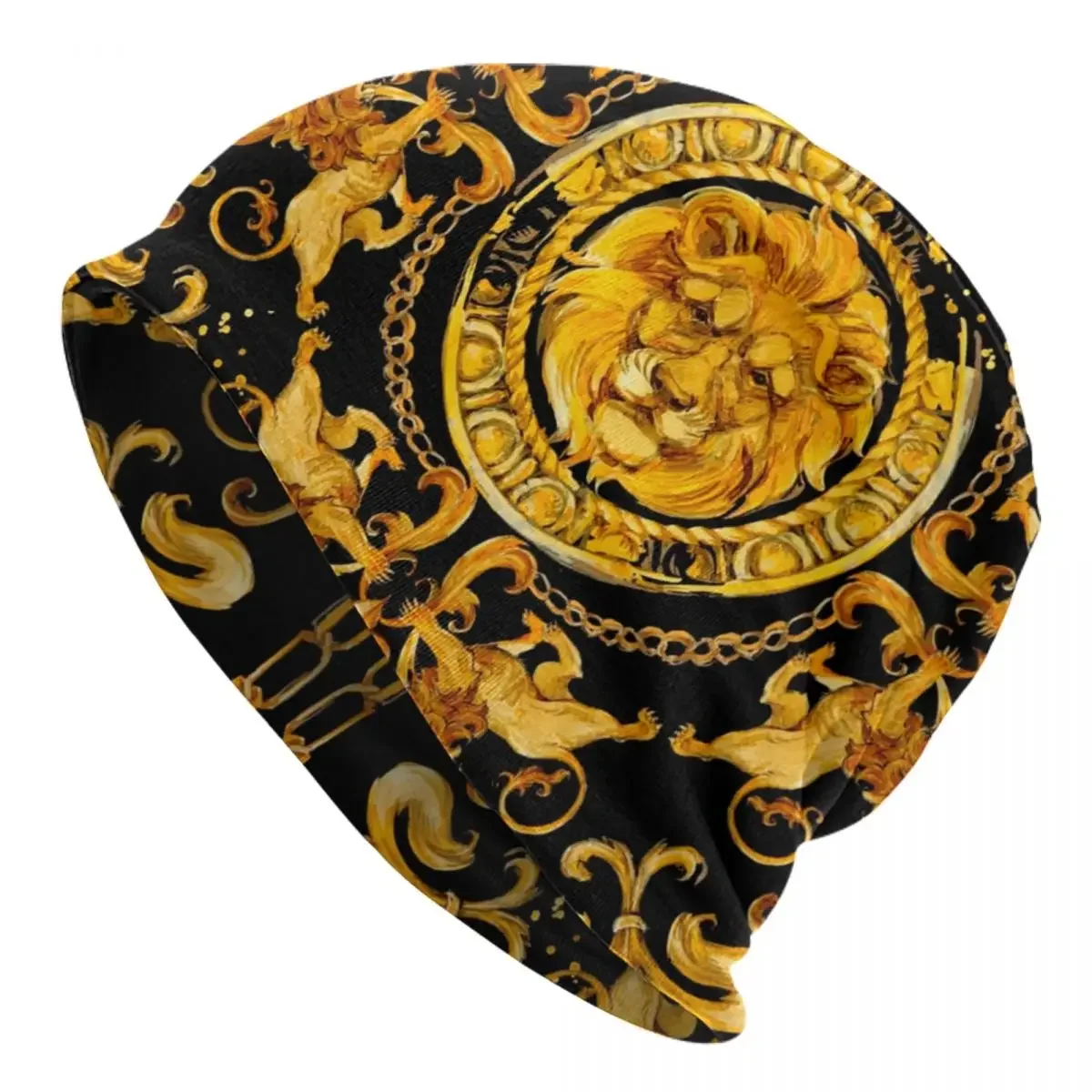 Golden Lion And Damask Ornament Luxury Bonnet Hats Knit Hat Outdoor Skullies Beanies Hat Men's Women's Summer Head Wrap Cap