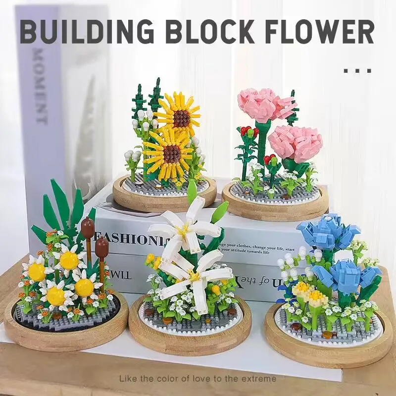 Creative Building Block Potted Bouquet Home Decoration Eternal Flower Rose Peony Sunflower Simulation Plant DIY Model Kids Toys