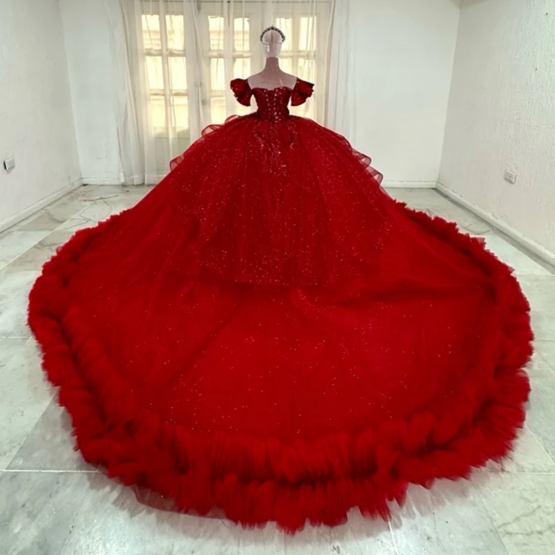 빨간색 반짝이는 킨세아녜라 드레스 볼 가운 오프숄더 레이스 비딩 크리스탈 티어드 튤 파티 생일 스위트 16 드레스 베스티도스