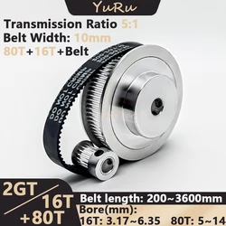 2GT 2M 16T 80Teeth GT2 16Teeth 80T Timing Belt Pulley Set Bore 3.17~14mm Belt Width 10mm 5:1 Wheel Synchronous Pulley Belt Kit