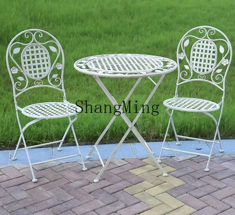 ชุดโต๊ะและเก้าอี้เหล็กดัดสไตล์เรโทรสำหรับกลางแจ้ง เฟอร์นิเจอร์ระเบียงโลหะ ชุดโต๊ะและเก้าอี้แบบรวม