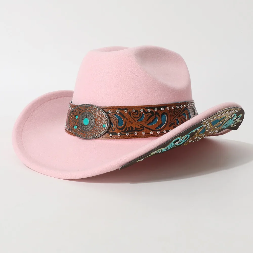 Turquoise Decor Western Cowboy Hat Vintage Retro Cowgirl Hat American Style Embossed Band Stage Performance Hat For Women Man