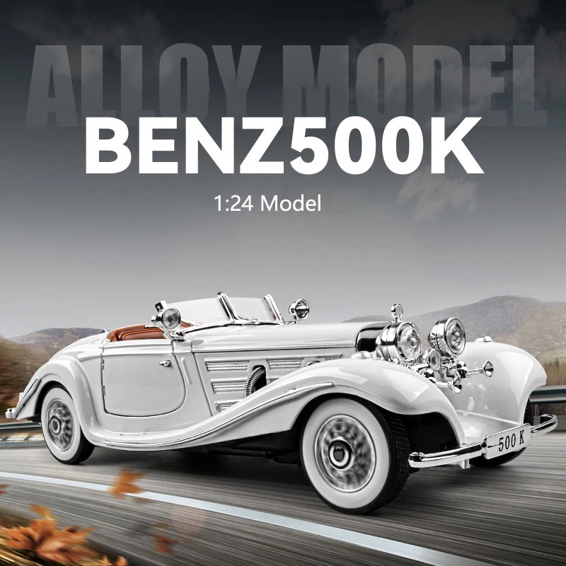 

Масштабная модель автомобиля Mercedes-Benz 500K 1:24, литая, со звуком и светом, инерционная, классическая, для мальчиков, коллекционная, подарок