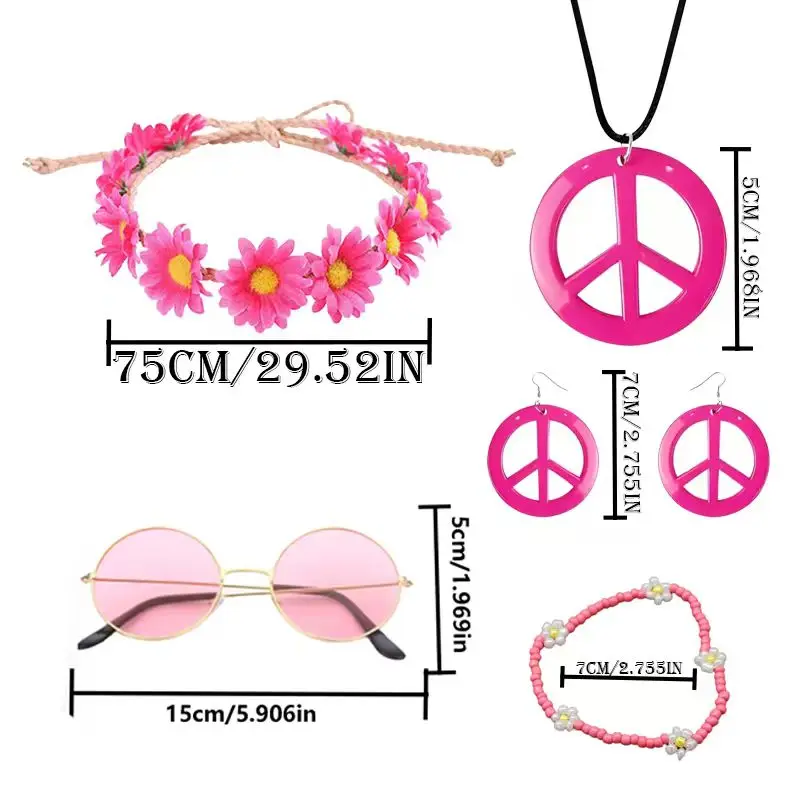 PESENAR Hippie Costume Accessories Set, Boho Peace Sign Daisy Flower 60s 70s Party Favors Decor for Groovy Party Women