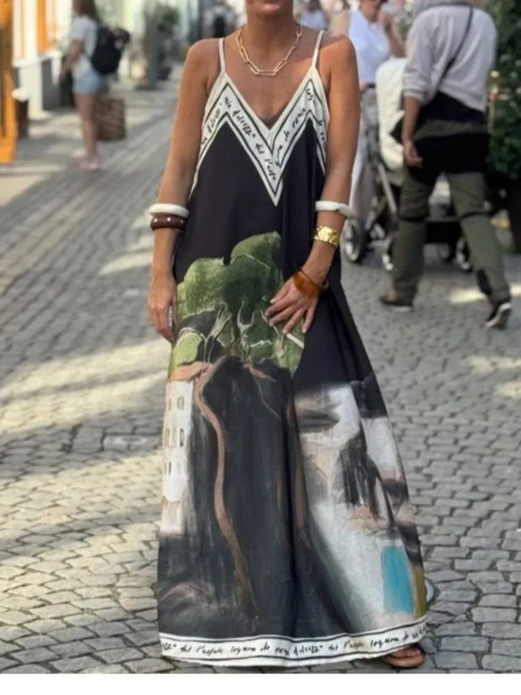 Neues bedrucktes V-Ausschnitt-Trägerkleid, locker geschnitten, langes Freizeitkleid für den Sommerurlaub, elegantes Urlaubskleid, Robe Femme