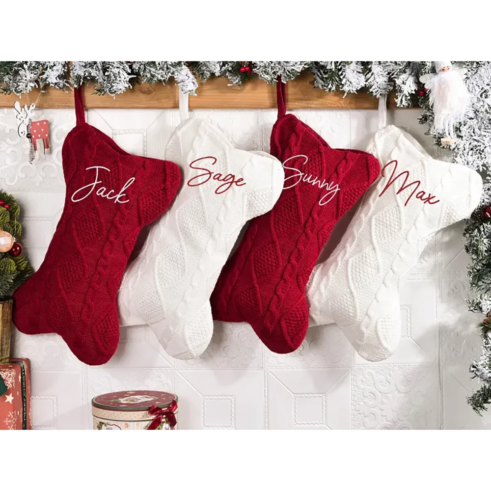 

Custom Bone Christmas Stocking Dog Bone Knitted Christmas Stocking with Name Bone Holiday Stocking for Dog Santa Sack Kid Gift