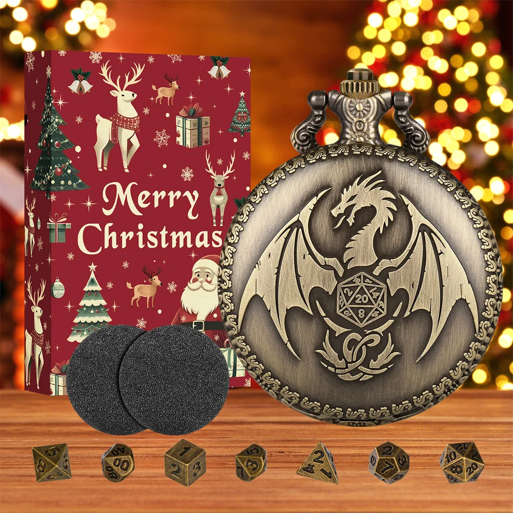 Christmas Gift Bronze/Grey Black Dragon Dice Full Hunter Pocket Watch Case with 7pcs/set Mini Entertainment PolygonDice Set