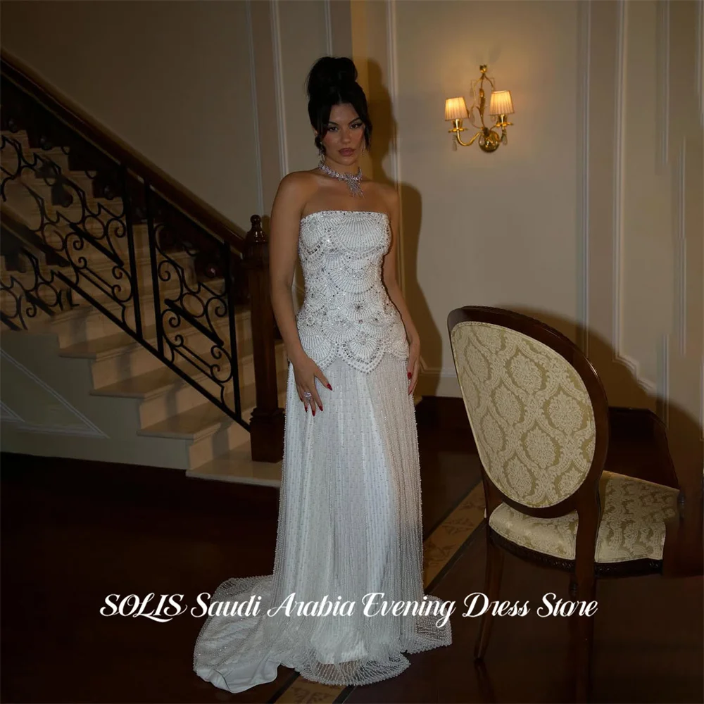 

Белое вечернее платье SOLIS с пайетками, без бретелек, А-силуэт, с шлейфом, для выпускного вечера, минималистичное, на заказ