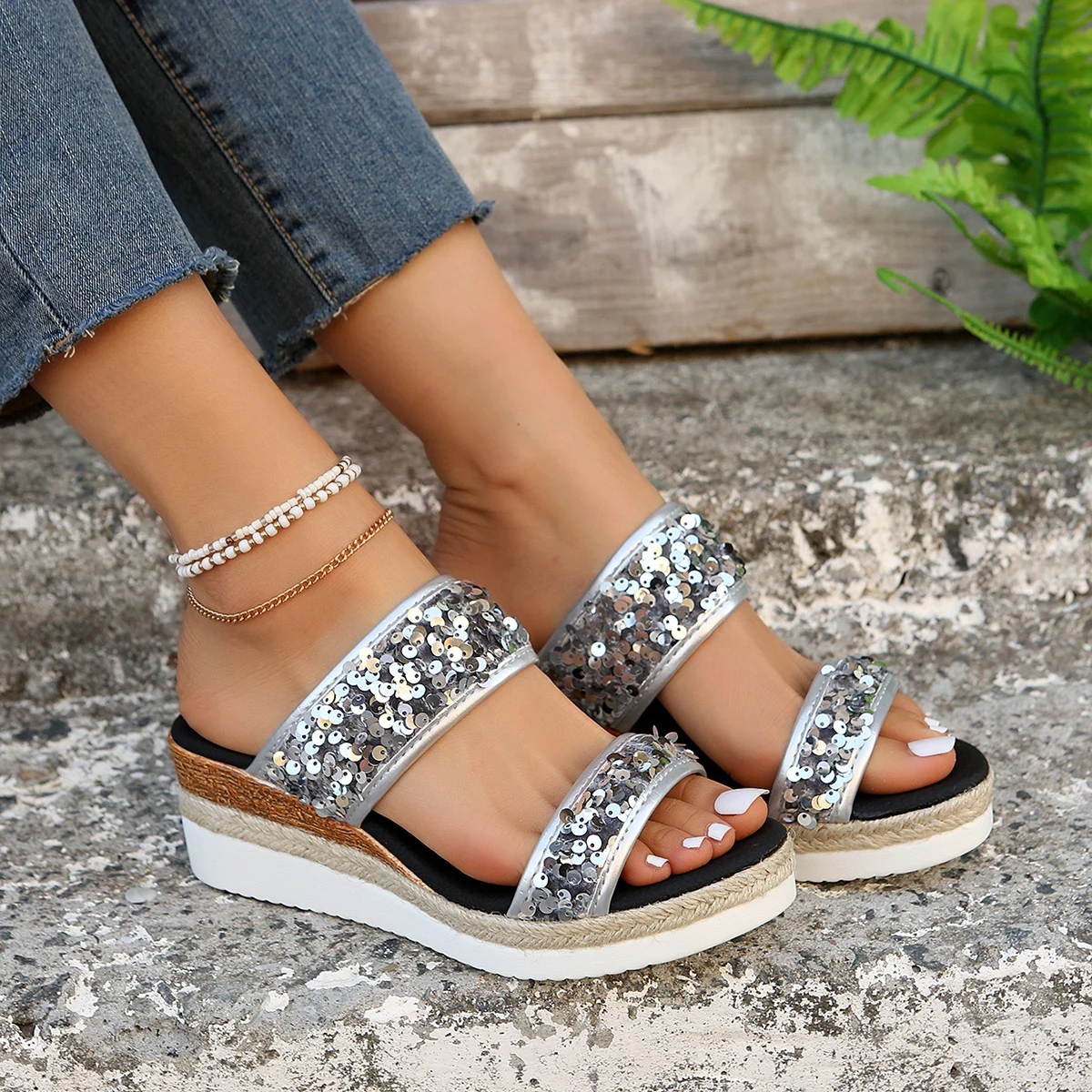 Green Glitter Wedge Sandals for Women Summer 2024 Beach Thick Platform Silver Slippers Shoes Woman Slip on Heels Sandalias 43