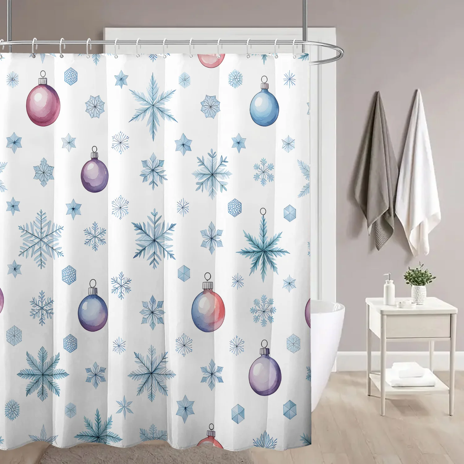 

1 x White background blue snowflake Christmas print shower curtain polyester fabric with hooks suitable for bathroom decoration