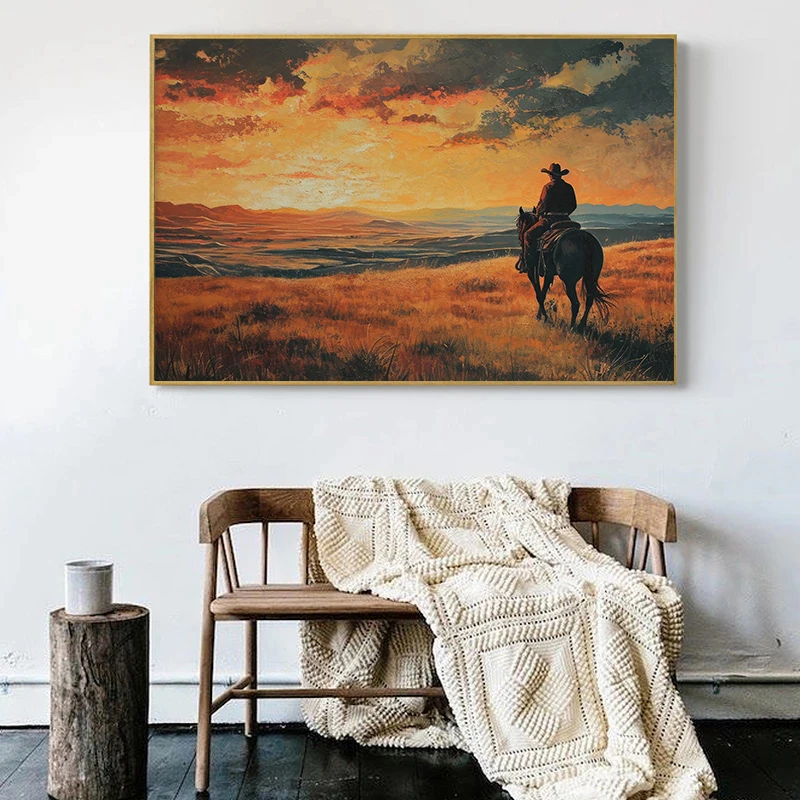 Cowgirl Riding Her Horse Canvas Painting, Rustic Western Cowboy Hat Poster  Print Rustic Still Life Arrangement Home Decor