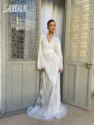 Elegant A-line Evening Dress White Pearl Tulle Bridal Caftan Dresses Kaftan V-neck Customized Gown For Wedding Vestidos De Gala