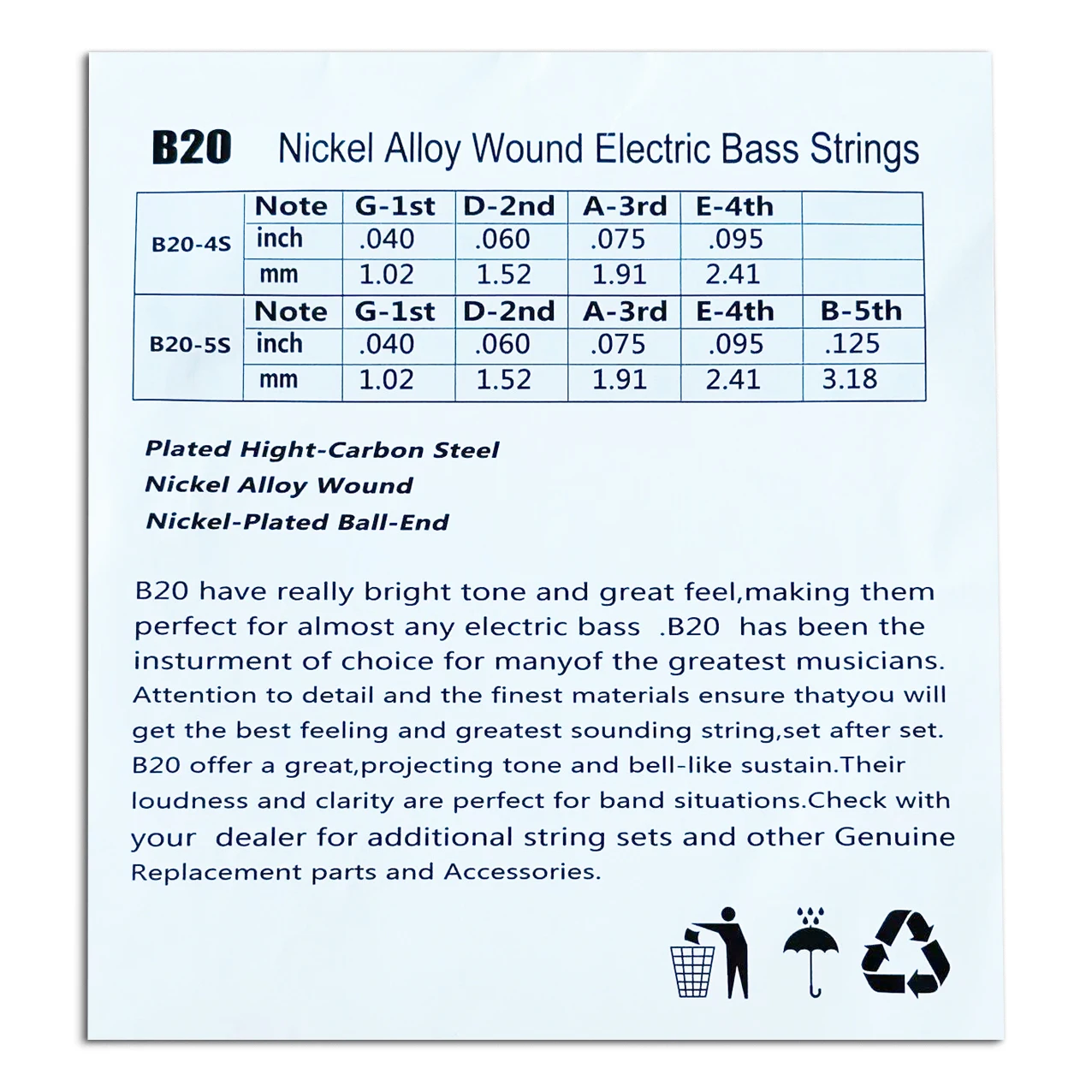 B20 Nickel Alloy Wound Electric Bass Strings Set Plated High-carbon Steel Nickel-Plated Ball-End Long Scale Light (40-95/40-125)