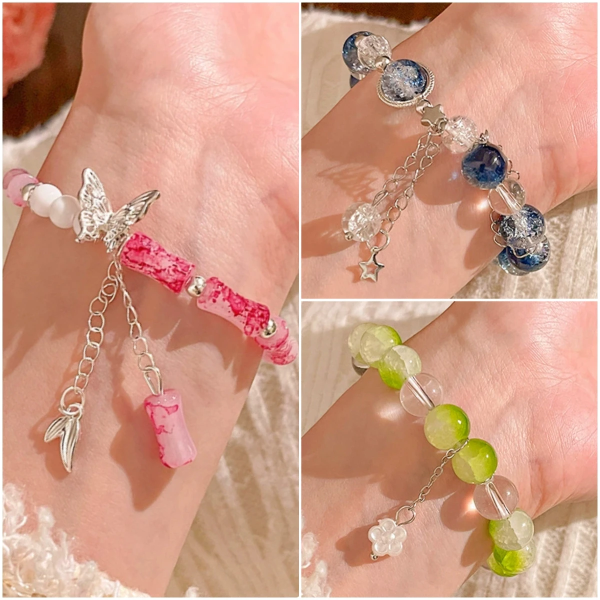 Dark Blue Acrylic Beaded Stretch Bracelet for Women Fashion Silver Color Star Charms Bracelets Bangles Elastic Wrist Jewelry