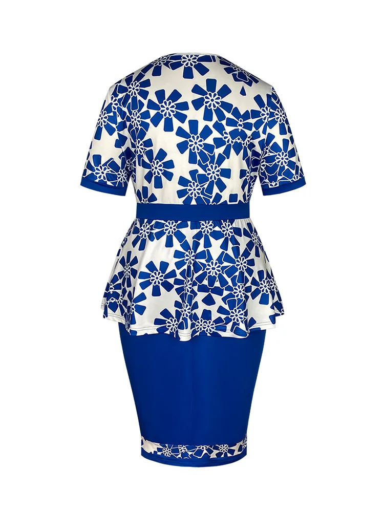 Plus Size Women\'s Elegant Two-Piece Skirt Suit Round Neck Short Sleeve Top T-Shirt Solid Color Blue High Waist Hip Skirt