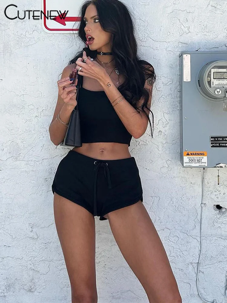 Cutenew Sporty Matching Women 2 Piece Set Women Casual Solid Bare Midriff Caims+Drawstring Shorts Female Classic Basic Outfits