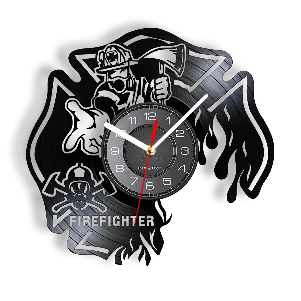 

Firefighter Clock Fire Dept Wall Decor Wall Clock Firemen Helmet Fire Rescue Vinyl Record Wall Clock Burned Maltese Cross Clock