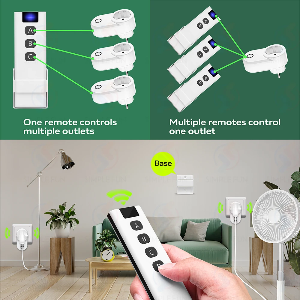 Soket Remote kontrol nirkabel 433Mhz EU Smart Plug, Remote 50m, Outlet daya 15A 220V untuk kipas ringan peralatan rumah