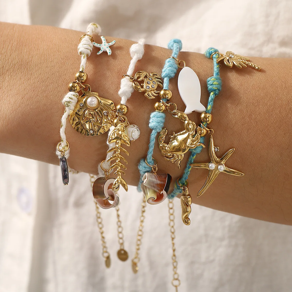 ZB0410 Stainless Steel Summer Beach Starfish Shell Pendant Electroplating 14K Gold Color Retaining Rope Necklace Bracelet Female