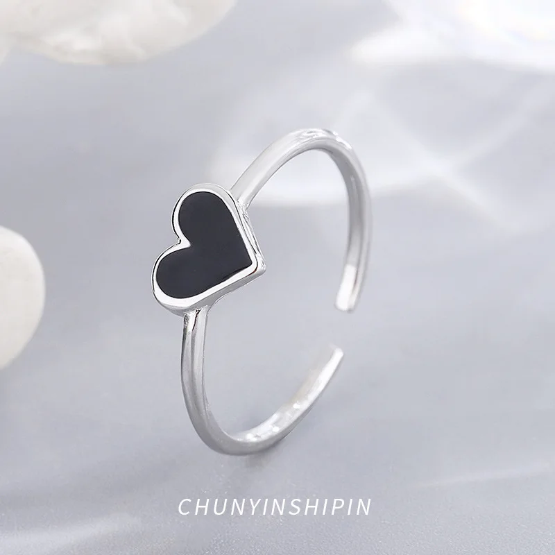 INS Hot Sale S925 Silver Enamel Heart Ring Korean Style Black Red Peach Heart Open Ring for Women