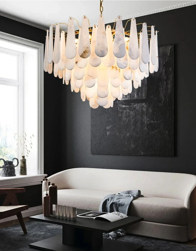 

Nordic Style Alabaster Metal Indoor Decorative Shopping Mall Living Room Glossy Luxury Natural Marble Chandelier Pendant Lights