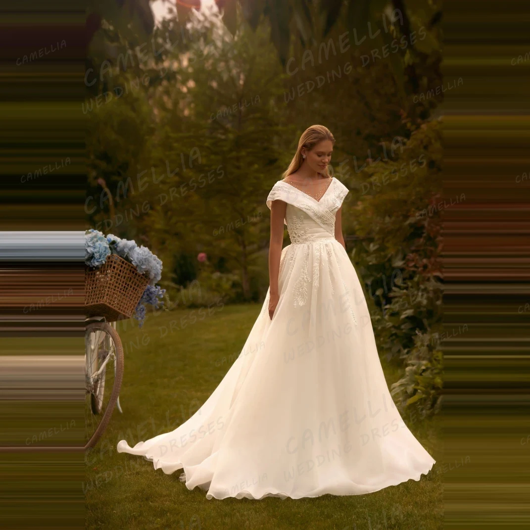 

Роскошные свадебные платья, женские трапециевидные кружевные платья без рукавов с v-образным вырезом и открытой спиной, свадебные платья из тюля с открытой спиной, Vestidos De Novia по индивидуальному заказу