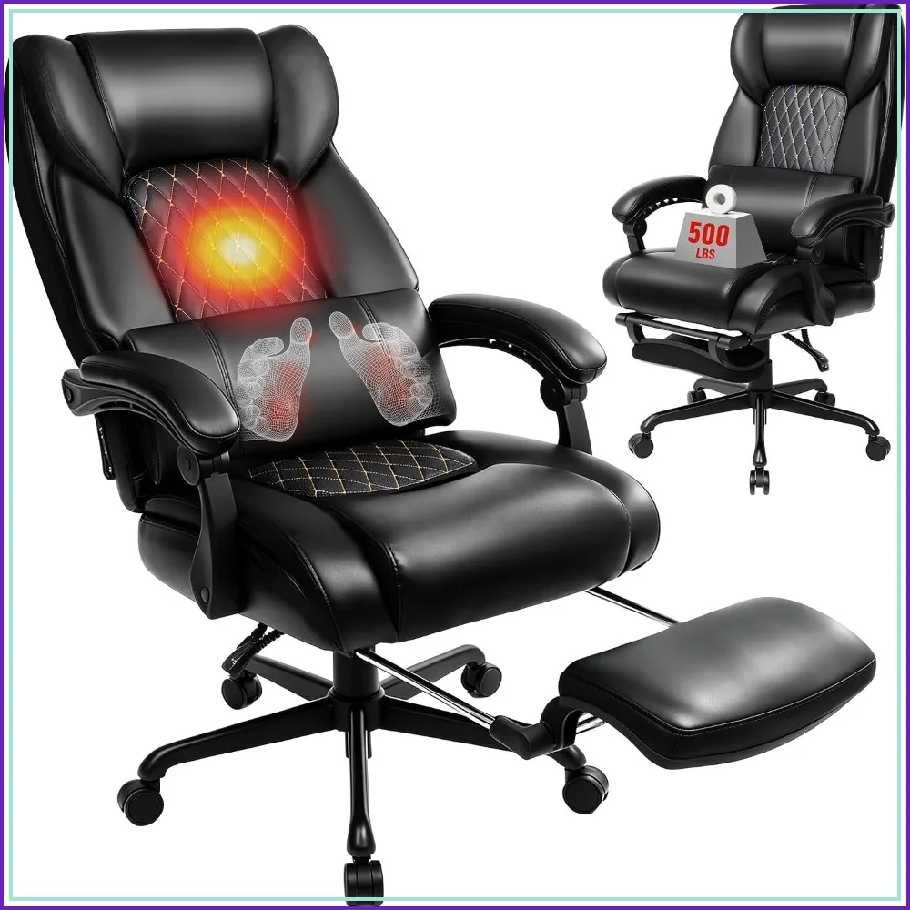 Heated 3D Kneading Massage Recliner Office Chair for Big Tall, 500 lbs, Leather with Footrest, Black