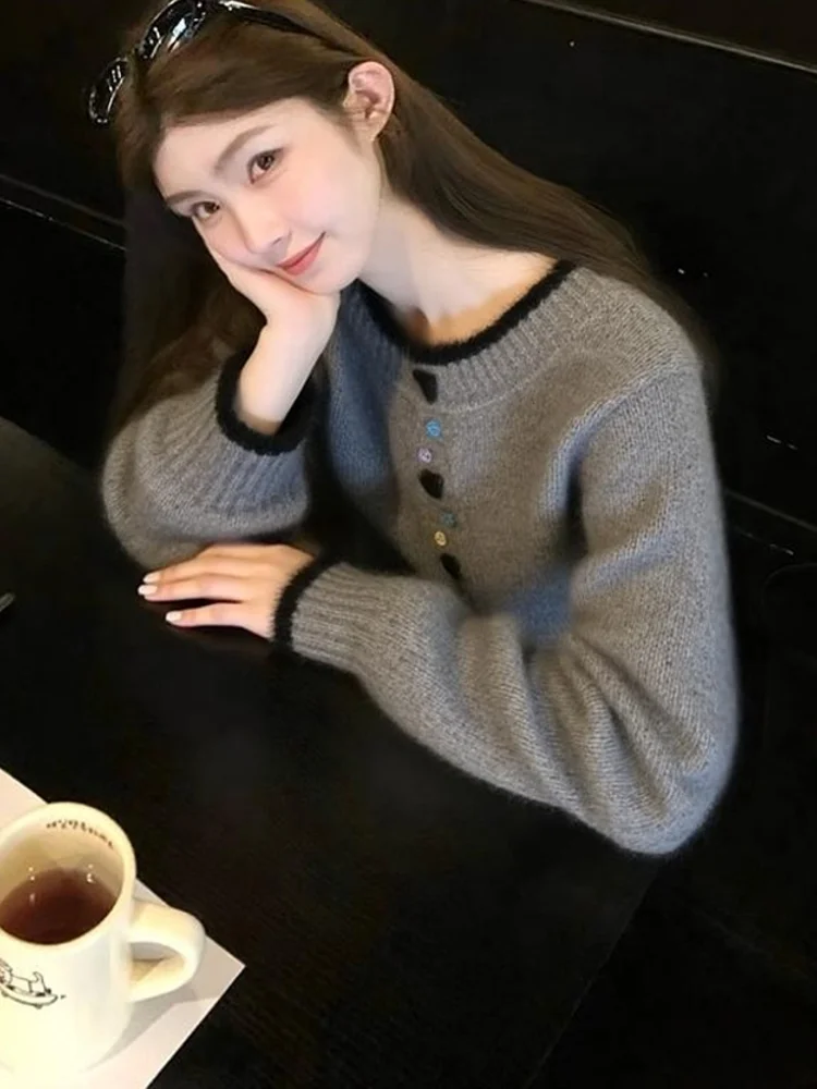 Maglieria coreana Sle abbottonata lunga Sve Maglieria da donna Autunno Inverno Faionable Color Blo Maglione morbido vestibilità ampia rotondo Ne