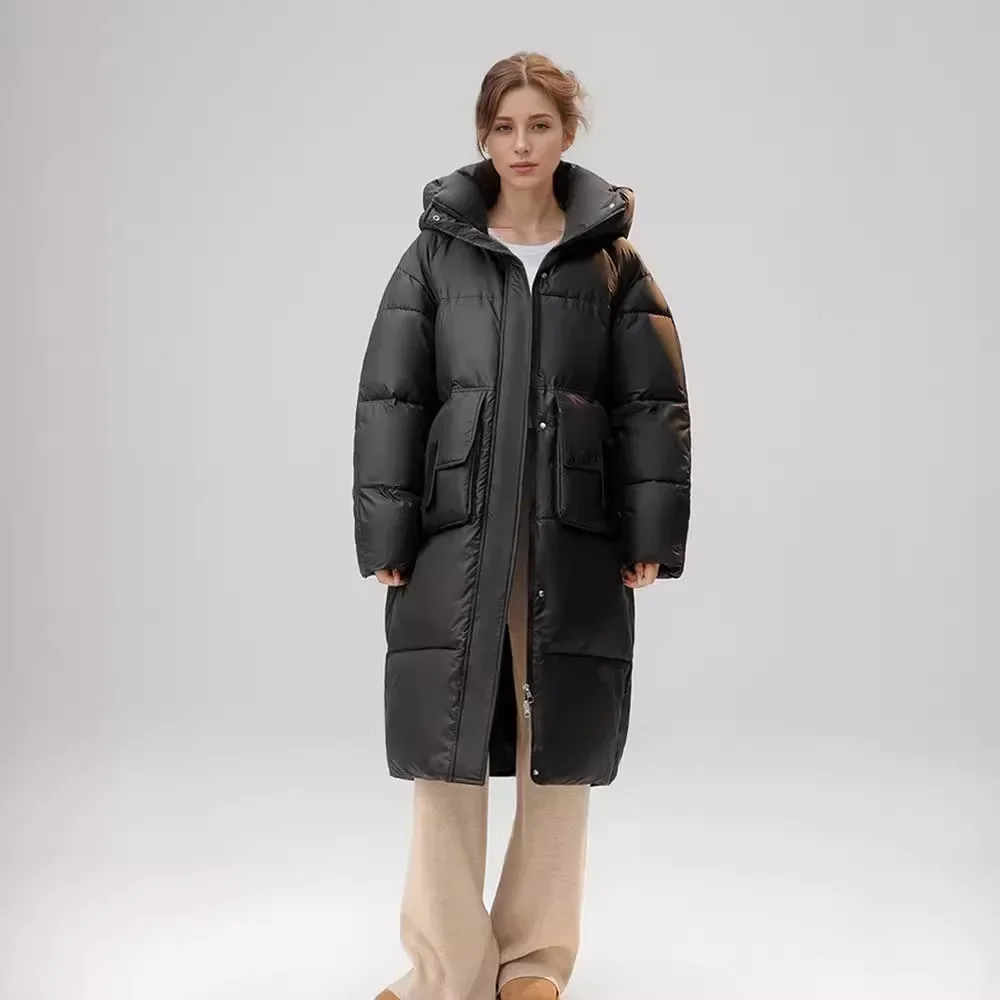 

2025 Свободное женское теплое хлопковое пальто длиной до колена с капюшоном и длинными рукавами, женская зимняя куртка, повседневная хлопковая куртка с капюшоном и 2 карманами, новинка
