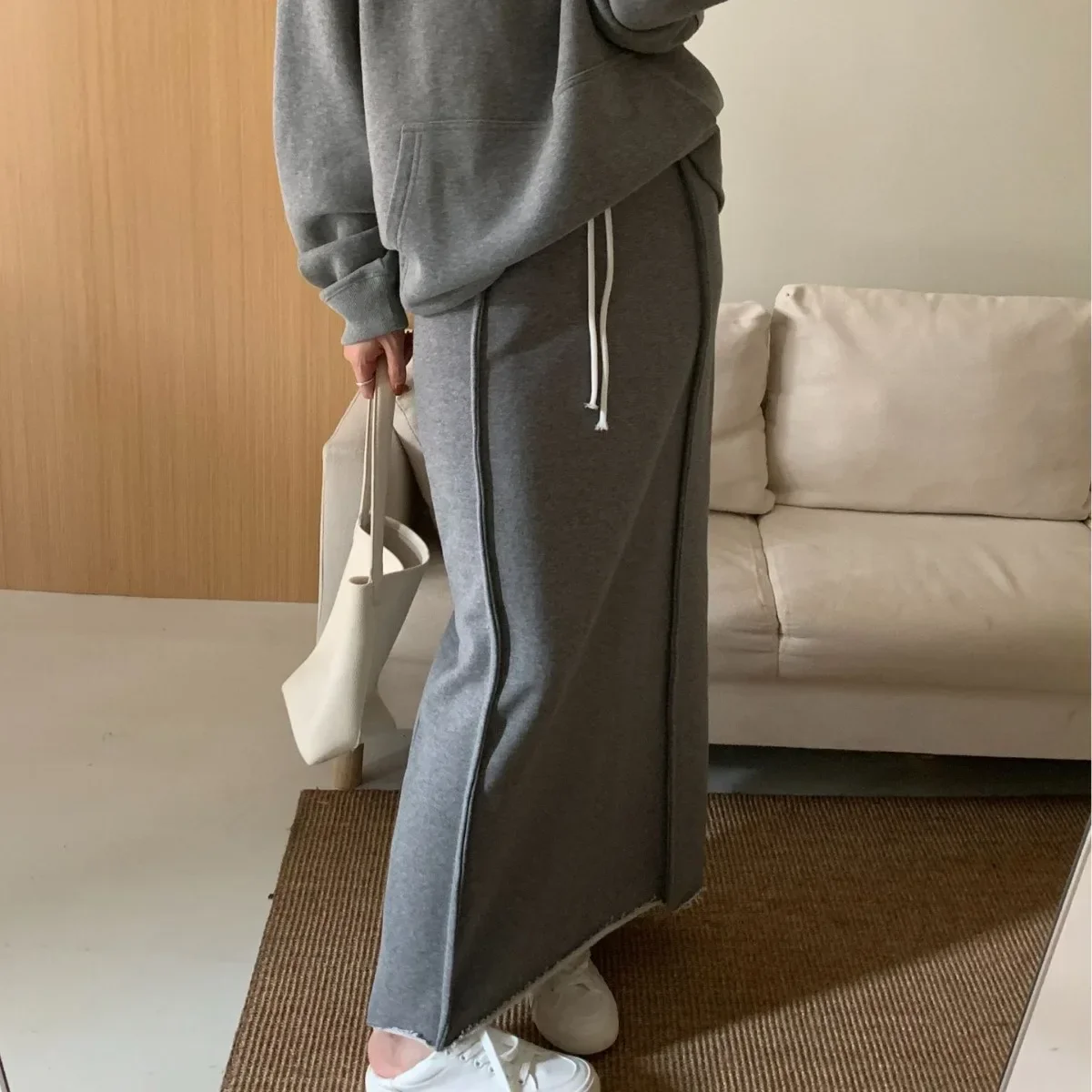 

Women Skirt High Waist Drawstring Long Skirts A Line Knit Spliced Casual Outwear Elegant Lady Office Lady Regular Autumn