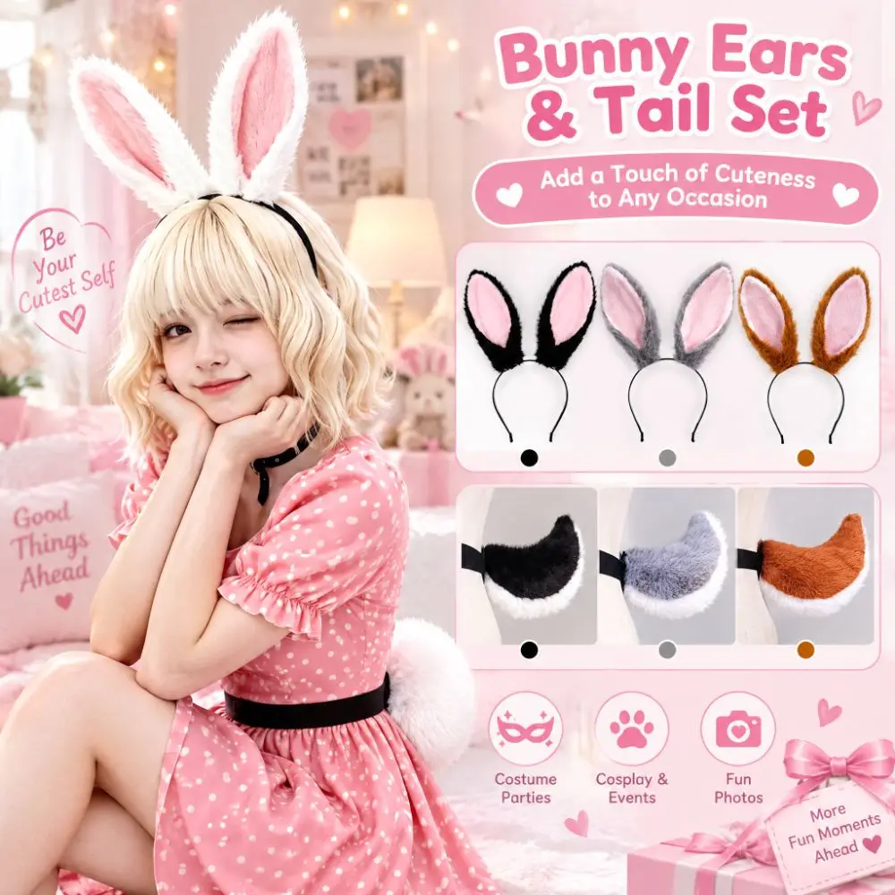 Cute Plush Bunny Ear Hair Hoop Tail Animal Ear Long Rabbit Ears Headband Cosplay Dress-Up Decorative Headband Daily Wear