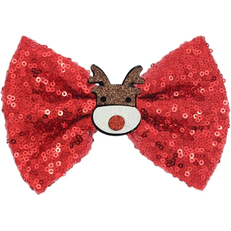 Hot Sale Christmas Festival Cute Sequin Hand Craft Bow With Santa Hair Clip For Kids Girls