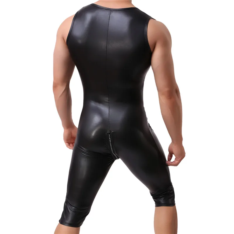 Mens PU Leather Bodysuits Stage Bodycon Catsuit Zipper Open Crotch Jumpsuits Wrestling Singlet One-piece Leotard Dance Clubwear