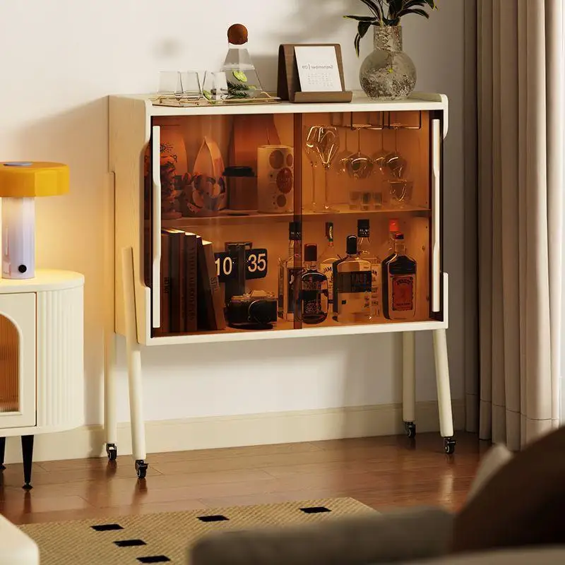 Living room multi-functional display cabinet Household dining room Solid wood storage display rack Floor-to-ceiling movable
