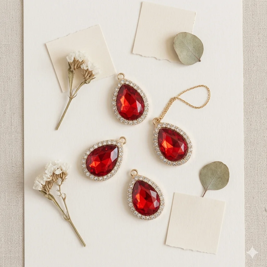 16Pcs/Lot Luxury Red Water Drop Rhinestone Charms, Sparkling Gemstone Pendants for Handmade Jewelry Craft