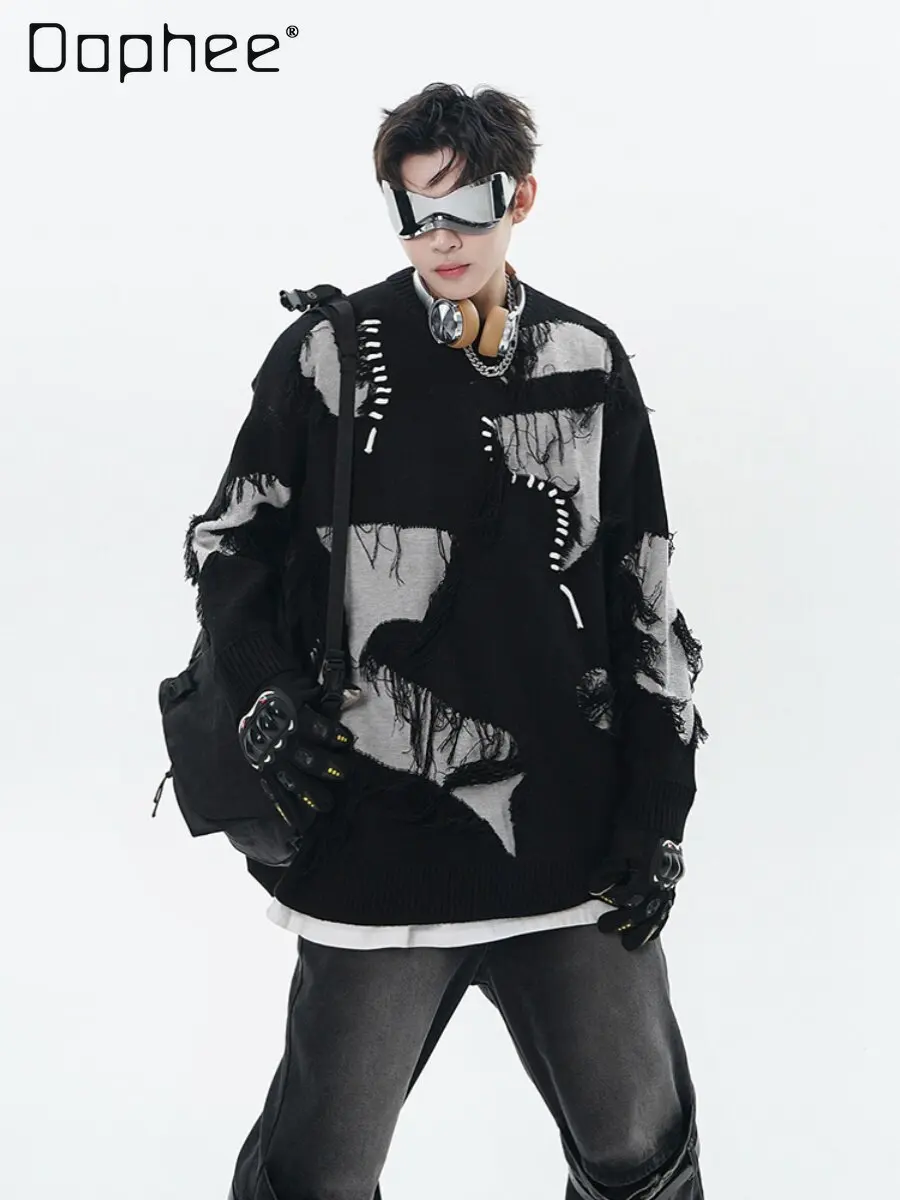 

2026 New Spring and Autumn Cool Dark Street Style Patchwork Design Men's Black Round Neck Long Sleeve Knit Sweater