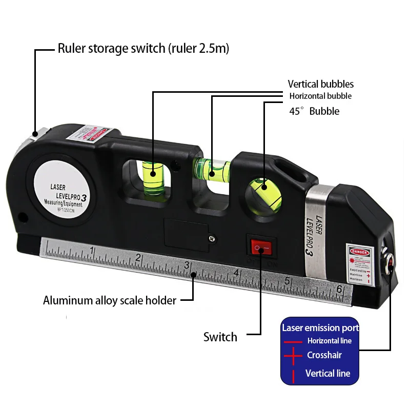أداة تسوية ليزر متعددة الأغراض لمستوى الليزر مع شريط قياس قياسي 8FT 2.5M ومسطرة مترية