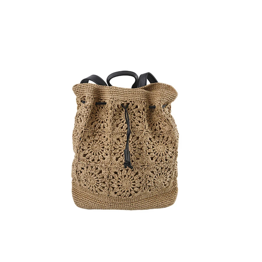 Straw Drawstring Backpack Summer Boho Bali Hollow Shoulder Bag Hobo Crochet Woven Travel Bags for Women Knitted Beach Back Pack